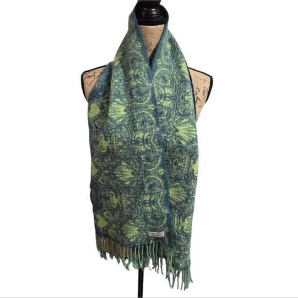 Amicale 100% CASHMERE Designer Blue and Green Patterned Scarf - Picture 2 of 6